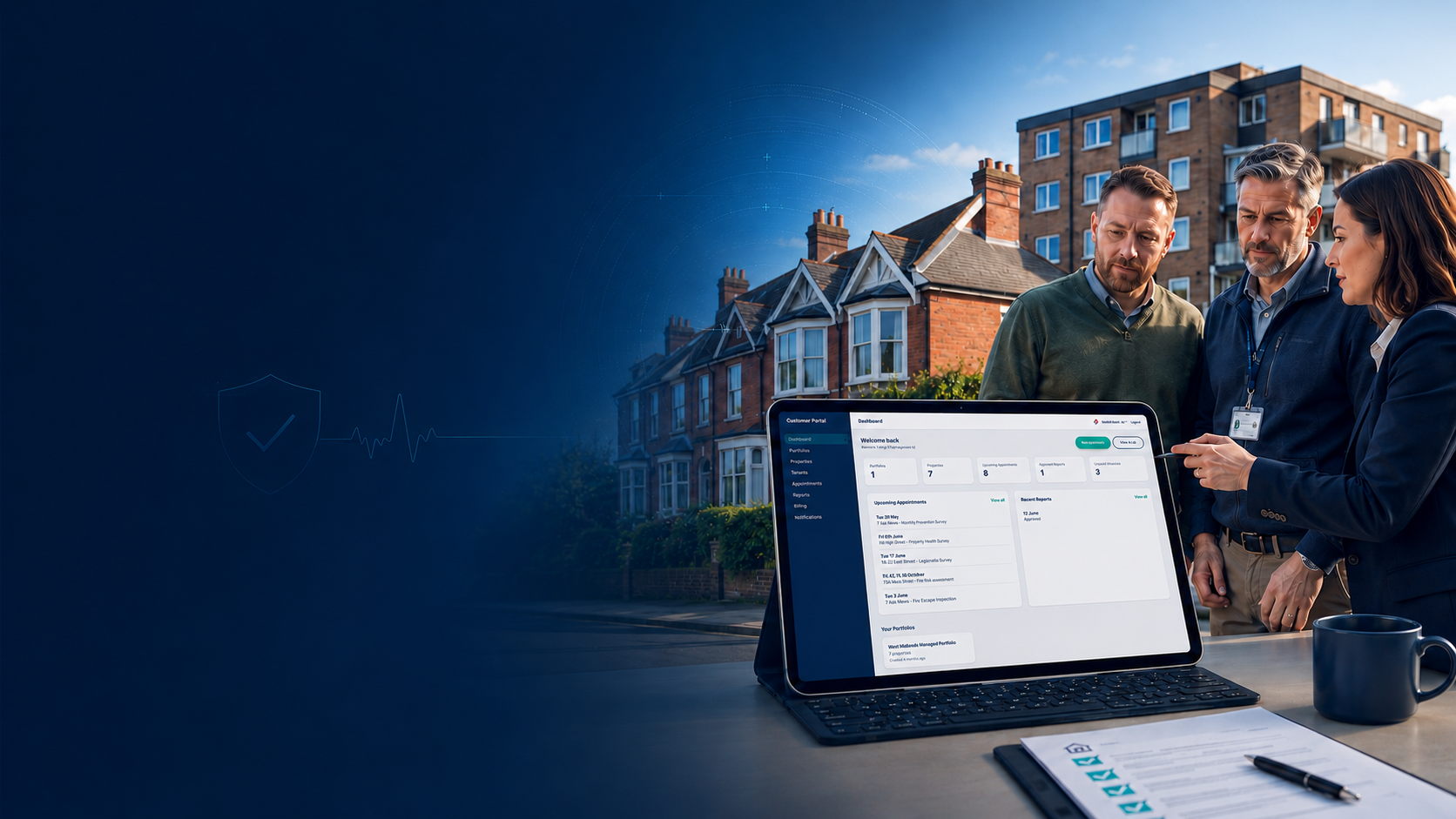 Property professionals reviewing the customer portal on a tablet